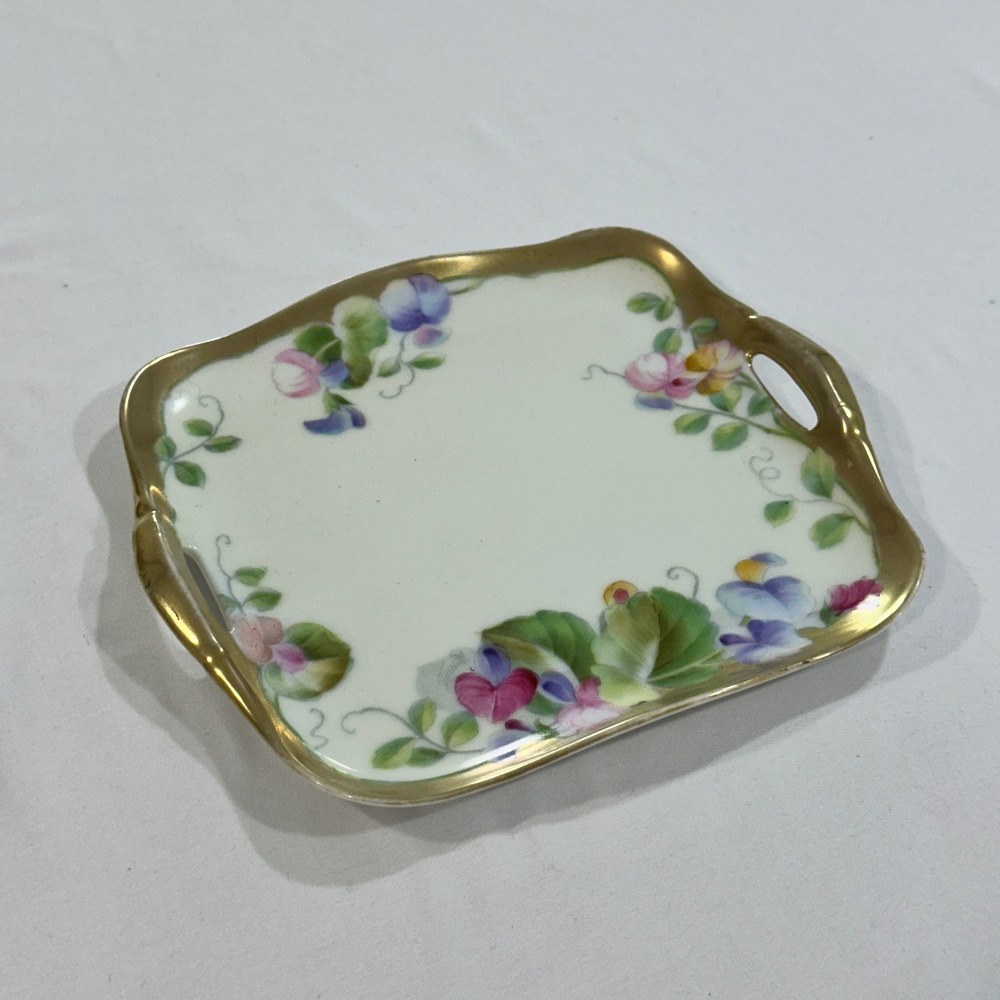Bavaria Hand Painted Porcelain Trinket Dish Floral Gold Gilt Square Tray 6"